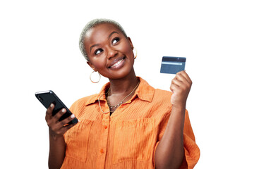 Woman, phone and thinking or credit card with ecommerce for online shopping, payment or fintech...