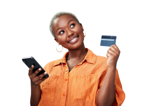 Woman, phone and thinking or credit card with ecommerce for online shopping, payment or fintech with smile. Black person, customer and internet banking for sale isolated on png transparent background