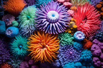 Naklejka na ściany i meble Colorful coral polyps in a thriving reef ecosystem