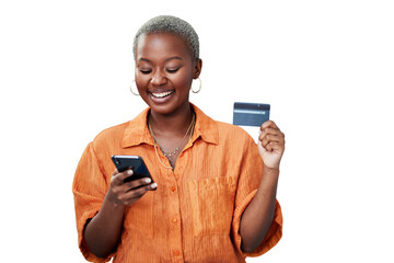 Woman, phone and happy or credit card with fintech for online shopping, ecommerce and payment with...
