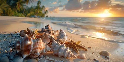 Schilderijen op glas Landscape of a beach with shells, conches, coral and starfish on the shore and palm trees with sunset in the background. Summer wallpaper. © arhendrix