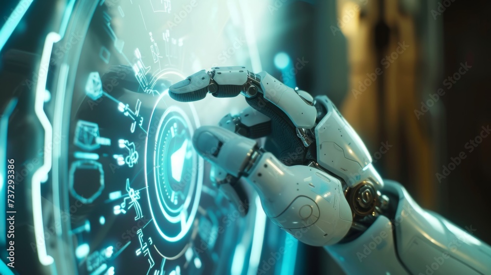 Aufkleber This futuristic design concept uses a robot with a mechanical arm or hand that presses the index finger onto a virtual holographic interface HUD on a touch screen.