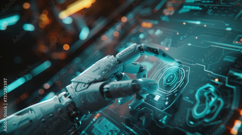 Fototapete This futuristic design concept uses a robotic hand or arm to press an index finger on a virtual holographic interface on a touch screen. It is part of a concept that uses artificial intelligence for