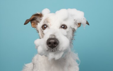 happy dog after washing, soapy, covered in airy foam, on a light blue background, space for text, minimalism 