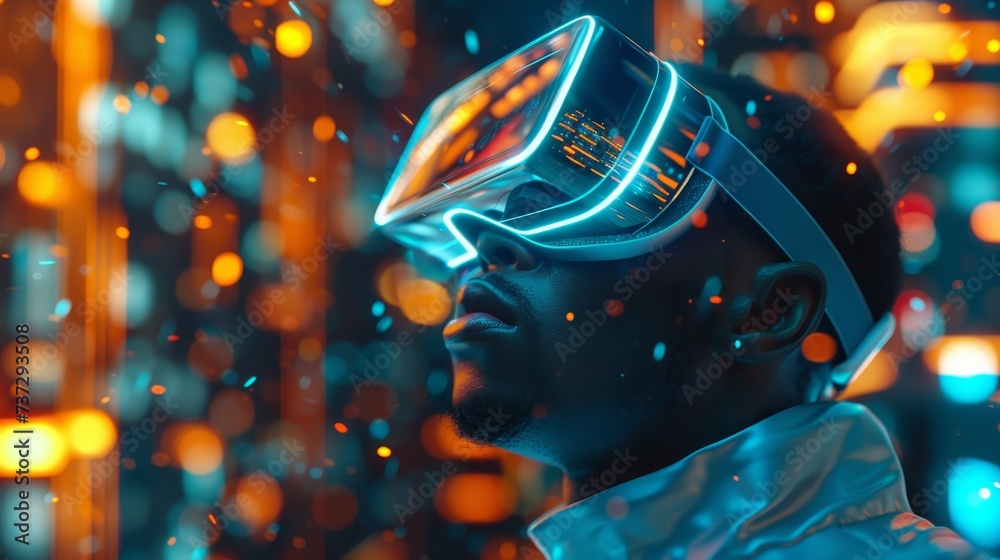 Poster Virtual reality and Augmented reality technology futuristic concept. Man wearing 3D virtual reality headset glasses looks up at cyberspace and metaverse. Digital computer entertainment based on
