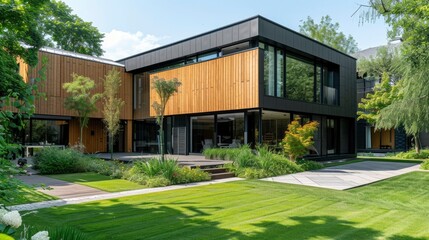 Fototapeta na wymiar Luxury Minimalist Cubic House with Wooden Cladding and Black Panel Walls, Enhanced by Thoughtful Landscaping Design in the Front Yard, Exuding Sophisticated Residential Exterior