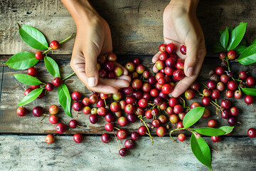 Hands delicately arranging fresh camu camu berries on a rustic wooden surface.