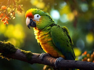 Obraz premium green parrot on tree branch generative ai