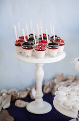 Dessert table for a party. Cake, cupcakes, sweetness and flowers. Maritim theme candy bar.