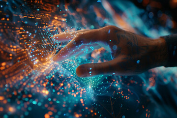 human hand touching a holographic interface with intricate data streams and digital particles, set in a dimly lit room, representing the intersection of human touch and technological innovation