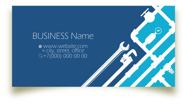 Business card for plumbing repair, wrench and water pipe system