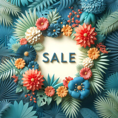 Naklejka na ściany i meble 3d rendered Summer sale design with flower exotic palm leave