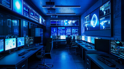 security room with multiple monitors displaying various confidential data, soft blue ambient lighting enhancing the atmosphere