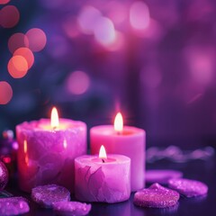 Obraz na płótnie Canvas Elegant flaming pink aroma candles glow amidst the darkness against a mesmerizing blurred purple backdrop, adorned with enchanting bokeh lights. An ideal banner for conveying warmth and relaxation