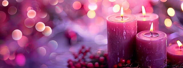Obraz na płótnie Canvas Vibrant flaming pink aroma candles illuminate the night against a dreamy blurred purple background with captivating bokeh lights. Perfect for creating a cozy atmosphere with copious copy space for you