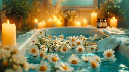 Obraz premium Spa and Wellness Setting with Flowers and Water, Concept of Relaxation and Beauty Treatment, Peaceful Ambiance