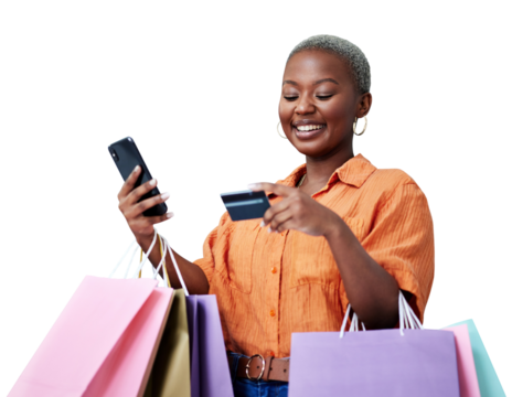 Bags, phone and black woman with a credit card, banking app and isolated on transparent png background. Female person, online shopping and transaction for order, payment and promotion or ecommerce