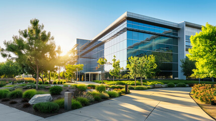 modern office building, bathed in the golden light of early morning, surrounded by meticulously...