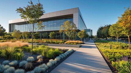 Fototapeta premium modern office building, bathed in the golden light of early morning, surrounded by meticulously landscaped gardens
