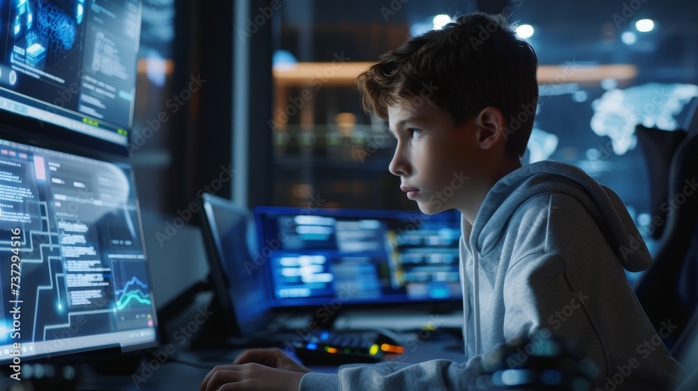 Poster In online IT school, kids learn to code, create program codes on the computer. Boy studying game development, robotics technology, creating computer programs online.