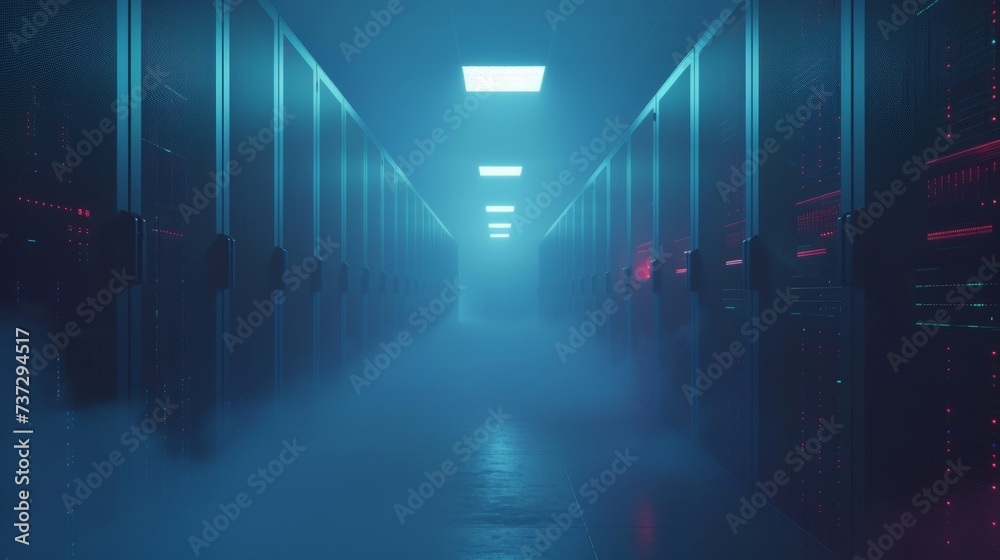 Aufkleber Network connection and information exchange lights glow in the dark. Abstract digital warehouse. Cloud computing technology server room. Server farm communications with internet.