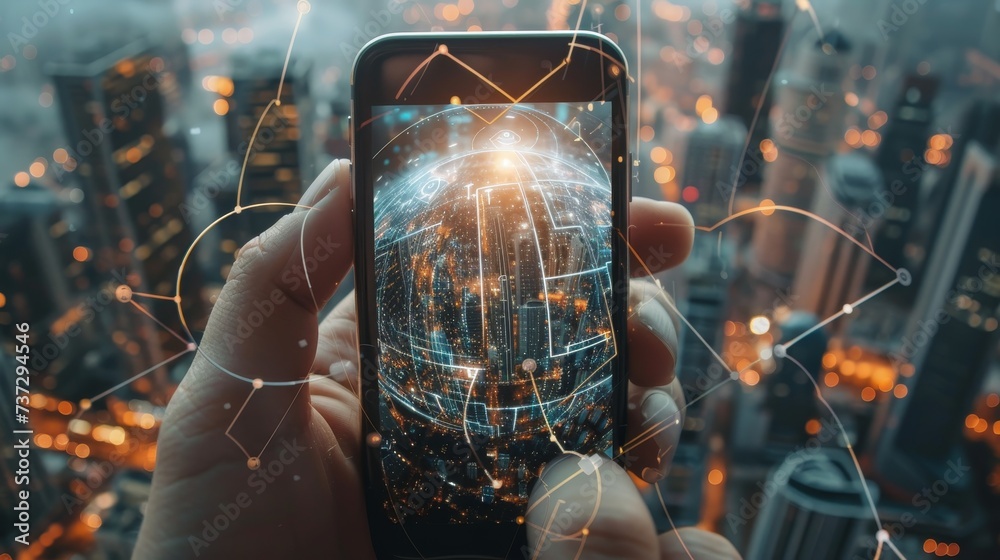 Poster using artificial intelligence, the concept of a smart city, connected with the planet through a glob