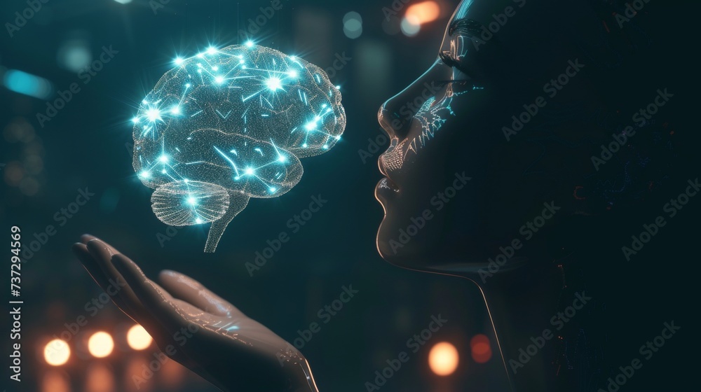 Fototapete An electronic brain is represented by a neon silhouette of a human head with artificial intelligence hanging over a palm hand. The mind is represented by a cybernetic artificial neural network. The