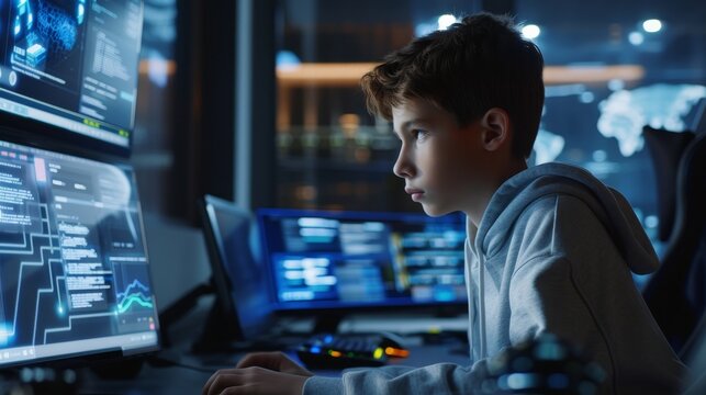 In online IT school, kids learn to code, create program codes on the computer. Boy studying game development, robotics technology, creating computer programs online.