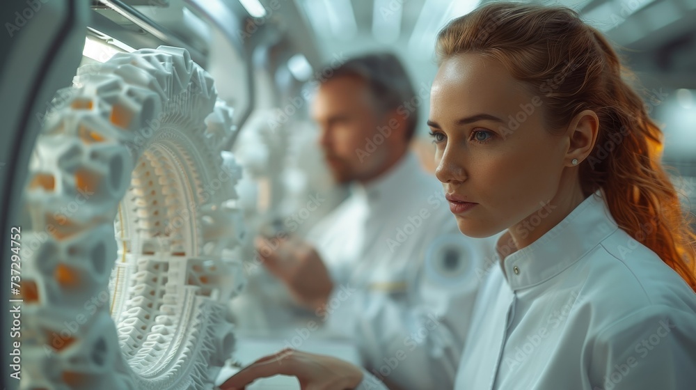 Aufkleber An Industry 4.0 Modern Factory: Engineers and scientists use high-tech machinery for futuristic design using 3D printers and computers.
