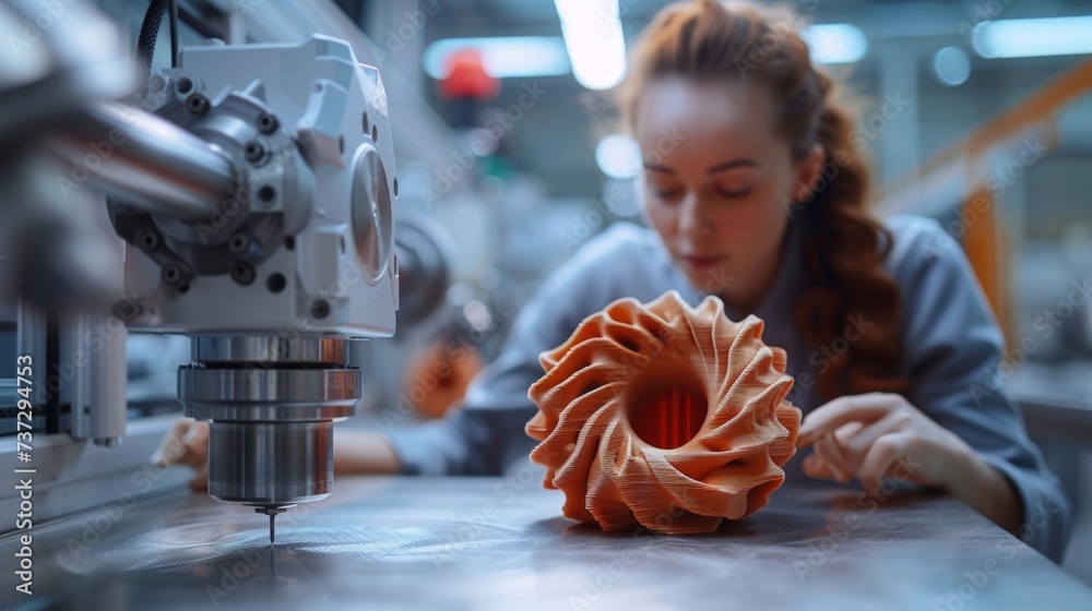 Poster Using high-tech machinery and computers, a team of industrial engineers creates complex components using the 4.0 industry model.