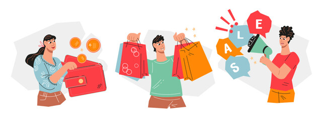 Happy buyers shopping and enjoy exclusive offers and sale, flat vector illustration isolated on white background. Shopping experience and customers attraction business concept.
