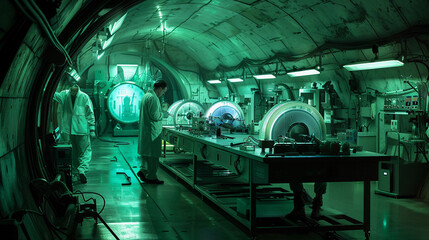 underground laboratory, with state-of-the-art equipment, glowing in soft green hues, with scientists in lab coats working on a secret project