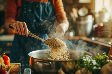 A woman scooping spoonfuls of amaranth grains into a simmering pot of vegetable broth, capturing the process of cooking.