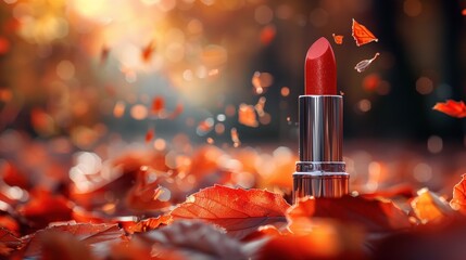 Elegant orange lipstick during the falling maple leaves in the forest for an advertisement. - obrazy, fototapety, plakaty