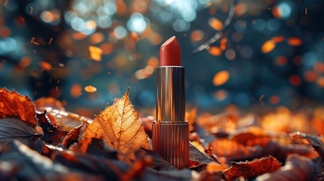 Elegant orange lipstick during the falling maple leaves in the forest for an advertisement.
