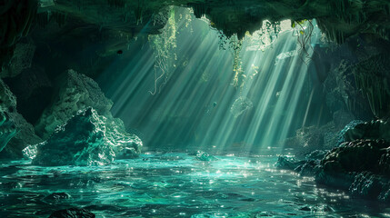 secret ocean cave, bioluminescent algae on cave walls, clear turquoise water, details of marine life, sunbeams penetrating the water