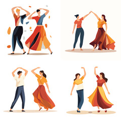 Four people dancing joyfully, two female dancers flowing dresses, man woman casual outfits. Dancers enjoy movements. Graceful motion dance celebration vector illustration
