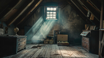 secret attic room, nostalgic memorabilia, rays of light through a small window, dusty atmosphere, detailed textures of old wooden floorboards and trinkets