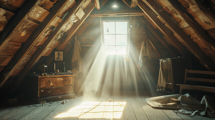 secret attic room, nostalgic memorabilia, rays of light through a small window, dusty atmosphere, detailed textures of old wooden floorboards and trinkets - obrazy, fototapety, plakaty