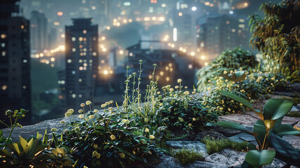 secret rooftop garden in a bustling city, contrasting quiet greenery against urban backdrop, detailed plants, city lights in the background, a hidden oasis