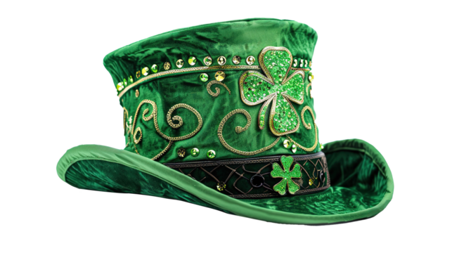 Green St. Patrick's Day Felt Top Hat with shamrock leaf Isolated on white background.