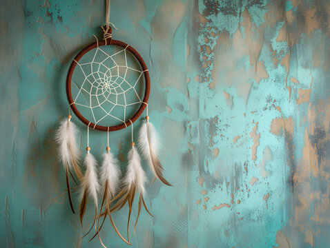 Mint cream dream catcher hangs on a textured turquoise backdrop, resembling rugged concrete texture.
