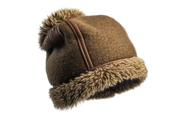 A womens winter hat with a brown color and a fluffy fur pom pom, isolated on a white background.