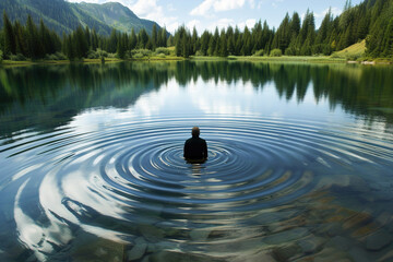 A serene lake view with a figure practicing visualization, imagining ripples spreading across the water as they release negative emotions and thoughts. - obrazy, fototapety, plakaty