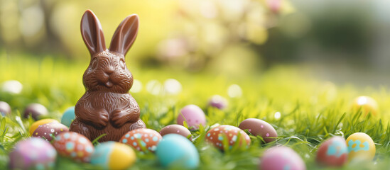 A chocolate Easter bunny is surrounded by colourful decorated eggs in the grass, illustrating the...