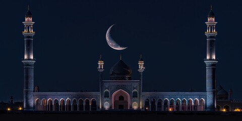 Fototapeta na wymiar Moonlit Majesty over Minarets - A peaceful night unfolds, casting a soft glow on a crescent moon gracefully embracing the elegant minarets of a mosque