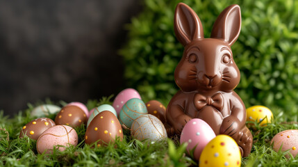 A chocolate bunny surrounded by colorful Easter eggs on a grassy surface, with a lush green backdrop, symbolizing the festive holiday. Ai generative - obrazy, fototapety, plakaty
