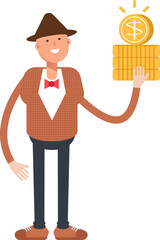 Man with Hat Character Holding Dollar Coins
