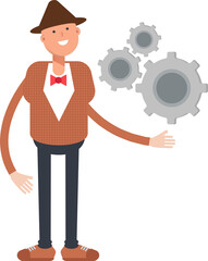 Man with Hat Character Holding Gears
