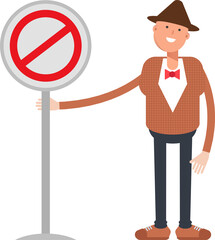 Man with Hat Character and Prohibition Signage
